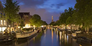 West European Prints: Prinsengracht canal and Westerkerk at dusk, Amsterdam, Netherlands