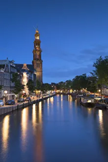 Amsterdam Prints: Prinsengracht canal and Westerkerk at dusk, Amsterdam, Netherlands