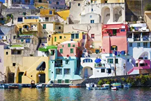 Procida island, Naples, Italy. The colorful harbour of La Corricella, view from the boat