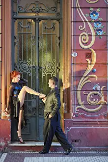 Professional Tango Dancers with Filieteado Art'in the background, Jean Jaures street, Abasto, Buenos Aires, Argentina. (MR)