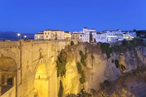 Puente Nuevo bridge at dusk, Ronda, province of Malaga, Andalusia, Spain