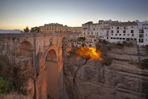 Southern Spain Prints: Puente Nuevo bridge at dusk, Ronda, province of Maalaga, Andalusia, Spain