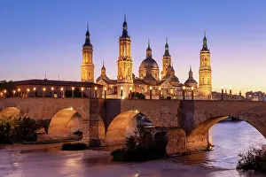 Zaragoza Prints: Puente de Piedra and Cathedral-Basilica of Our Lady of the Pillar along Ebro River at Sunset