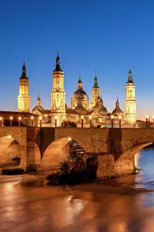 Zaragoza Prints: Puente de Piedra and Cathedral-Basilica of Our Lady of the Pillar along Ebro River at Sunset