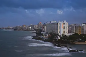 Puerto Rico, San Juan, elevated view of Condado hotels, evening