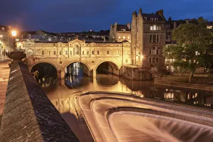 Bath Prints: Pulteney Bridge illuminated at twilight, Bath, Somerset, England. Summer (June) 2019