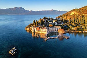 Historic Building Prints: Punta San Vigilio at sunset in autumn. Garda, Verona district, Italy