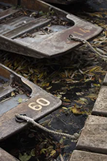 Punts Prints: Punts moored in Oxford, Oxfordshire, England, UK