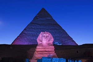 Egypt Prints: Pyramid of Khafre (Chephren) and the Sphinx at night, Giza, Cairo, Egypt