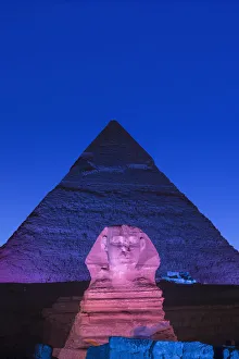 Egypt Prints: Pyramid of Khafre (Chephren) and the Sphinx at night, Giza, Cairo, Egypt