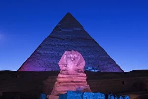 Giza Gallery: Pyramid of Khafre (Chephren) and the Sphinx at night, Giza, Cairo, Egypt