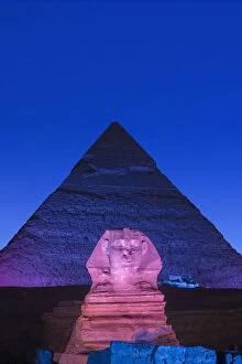 Egyptian Gallery: Pyramid of Khafre (Chephren) and the Sphinx at night, Giza, Cairo, Egypt