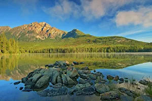 Images Dated 3rd May 2023: Pyramid Mountain and fog rising off Pyramid Lake, Jasper National Park, Alberta, Canada