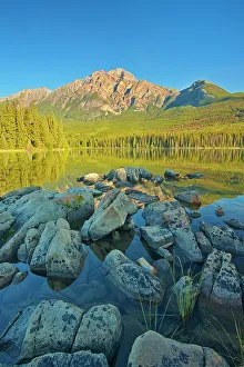 Images Dated 3rd May 2023: Pyramid Mountain and Pyramid Lake at sunrise, Jasper National Park, Alberta, Canada