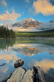 Images Dated 3rd May 2023: Pyramid Mountain reflected in Pyramid Lake, Jasper National Park, Alberta, Canada
