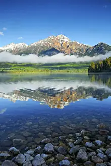 Pyramid Lake Prints: Pyramid Mountain reflected in Pyramid Lake and the Canadian Rocky Mountains