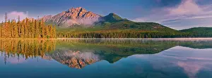 Pyramid Lake Prints: Pyramid Mountain reflected in Pyramid Lake with morning fog Jasper National Park