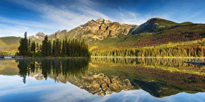 Pine Trees Prints: Pyramid Mountain Reflecting in Pyramid Lake, Jasper National Park, Alberta, Canada