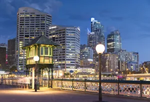 Pyrmont Bridge and Darling Harbour at dusk, Sydney, New South Wales, Australia