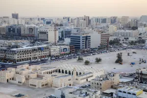 Images Dated 17th October 2013: Qatar, Doha, Aerial view of Souqs and mosque