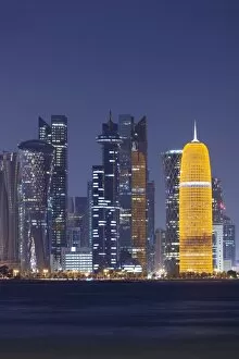 Images Dated 6th November 2015: Qatar, Doha, Doha Bay, West Bay skyscrapers, dusk, with Burj Qatar Tower