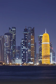 West Bay Prints: Qatar, Doha, Doha Bay, West Bay skyscrapers, dusk, with Burj Qatar Tower