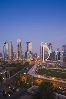 Qatar, Doha, Doha Bay, West Bay Skyscrapers, elevated view, dawn