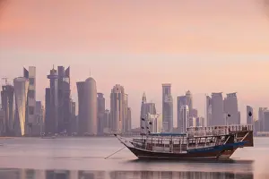 Early Morning Prints: Qatar, Doha, looking across Doha Bay to skyscrapers of West Bay