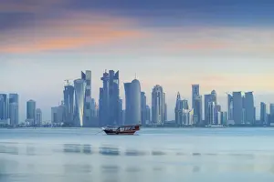 Dhow Prints: Qatar, Doha, looking across Doha Bay to skyscrapers of West Bay