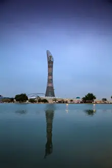 Qatari Prints: Qatar, Doha, The Torch Hotel reflecting in the lake in Aspire Park