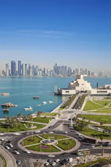 Qatari Prints: Qatar, Doha, Traffic at roundabout infont of the Museum of Islamic Art