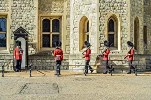 Images Dated 25th August 2020: Queens guards, changing the guard at The Jewel House, Tower of London