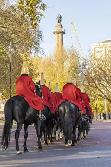 The Queens guards during the Changing of the Guard marching past the Duke of York Monument, London, England, UK
