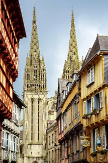 Quimper Prints: Quimper, Rue Kereon and Cathedral Saint Corentin, Finistere, Bretagne, Brittany, France