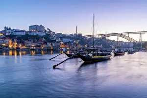 Oporto Prints: Rabelo Boats on the River Douro with the Dom Luis l Bridge at Sunrise