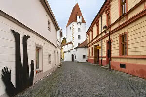 Images Dated 10th March 2022: Rabenstejn Tower and street art in Ceske Budejovice, South Bohemian Region, Czech Republic