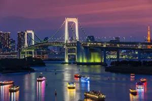 Suspension Bridge Prints: The Rainbow Bridge at dusk, Tokyo, Japan