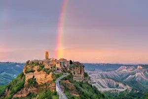 Rainbow over Civita di Bagnoregio at sunset, Bagnoregio, Lazio, Italy, Europe