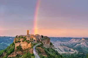 Images Dated 30th August 2019: Rainbow over Civita di Bagnoregio at sunset, Bagnoregio, Lazio, Italy, Europe