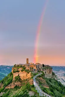 Rainbow over Civita di Bagnoregio at sunset, Bagnoregio, Lazio, Italy, Europe