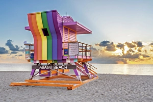 Rainbow colored Pride Lifeguard House, Lifeguard Hut at Sunrise, Ocean Drive Art Deco District South Beach, Miami Beach, Florida, USA