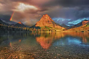 rainbow at Two Medicine Lake with Sinopah Mountain - USA, Montana, Glacier National Park