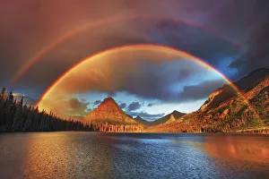 rainbow at Two Medicine Lake with Sinopah Mountain - USA, Montana, Glacier National Park