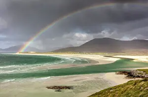 Luskentyre Prints: Rainbow over Seilebost Beach with Luskentyre and South Harris Hills beyond