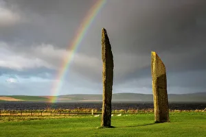 Rainbow over the Standing Stones of Stenness on Mainland, Orkney, Scotland. Autumn (October) 2022