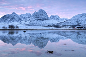 Lyngen Prints: Rakeltinden is reflected in the fjord. Storsteinnes, Balsfjorden, Lyngen Alps, Troms