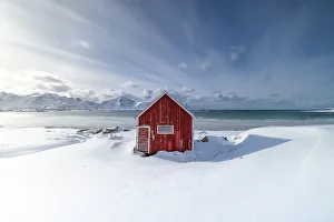 Typical House Prints: Ramberg beach, with an classic Rorbuer, Ramberg, Lofoten island, Norway