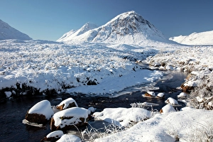 Highand Prints: Rannoch Moor and Buachaille Etive Mor covered in snow, Highand, Scotland