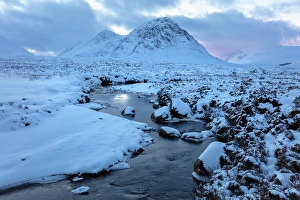 Highand Prints: Rannoch Moor and Buachaille Etive Mor covered in snow, Highand, Scotland