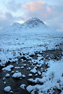 Highand Prints: Rannoch Moor and Buachaille Etive Mor covered in snow, Highand, Scotland